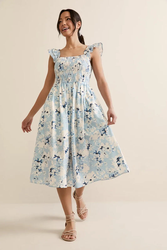 Jolene Flutter Sleeve Floral Midi Dress